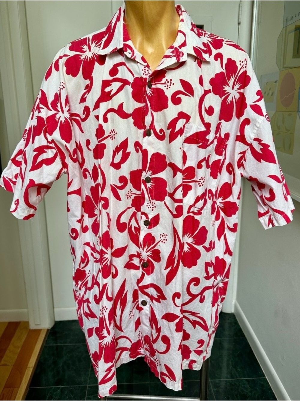 PACIFIC LINE TAHITI MOOREA BORA BORA MENS HAWAIIAN FLORAL COTTON SHIRT RED XXL